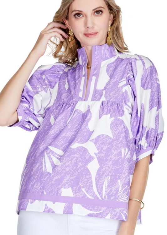 Purple Blossom Puff Sleeve Top - Tops-Novelty/Cut & Sewn