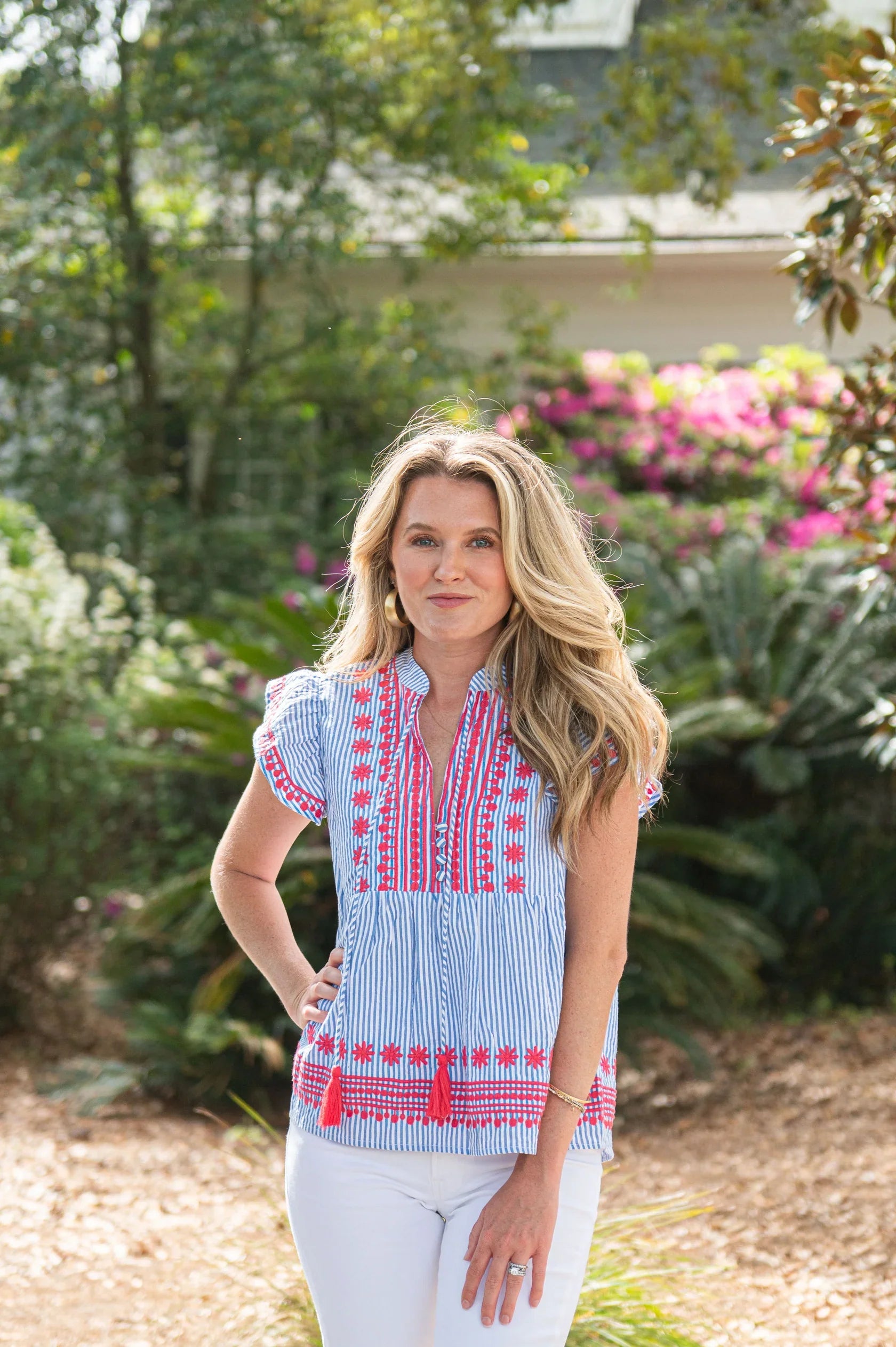 Ruffle Front Top with Tassels - Tops-Novelty/Cut & Sewn