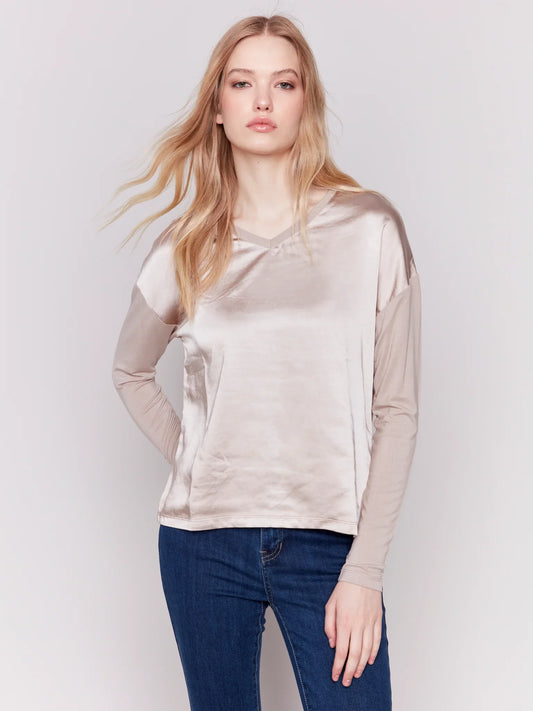 Satin/Jersey Knit Top - Tops-Novelty/Cut & Sewn