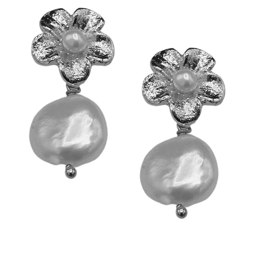 Silver Petal with Pearl Drop Earring - Jewelry