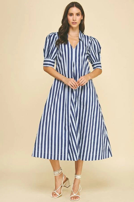 Striped V-neck Midi Dress