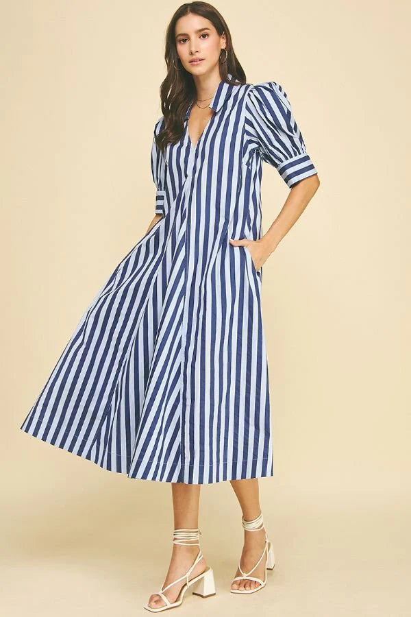 Striped V-neck Midi Dress