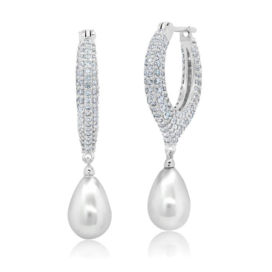 Teardrop Pearl And Pave Drop Earrings Finished in Platinum
