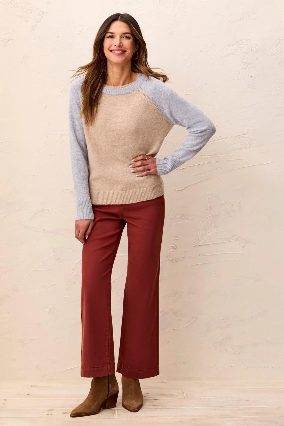 Color Block Raglan Sleeve Crew Neck Knit Sweater