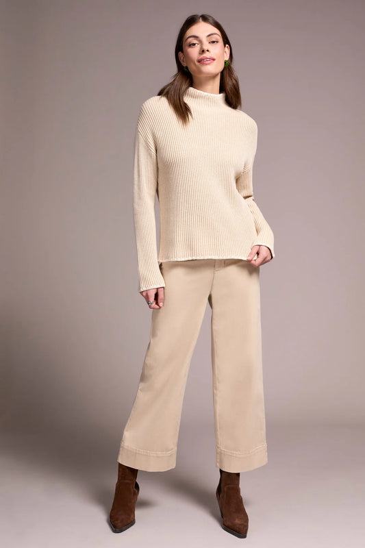 Combed Cotton Two-Tone Rib Funnel Neck Sweater