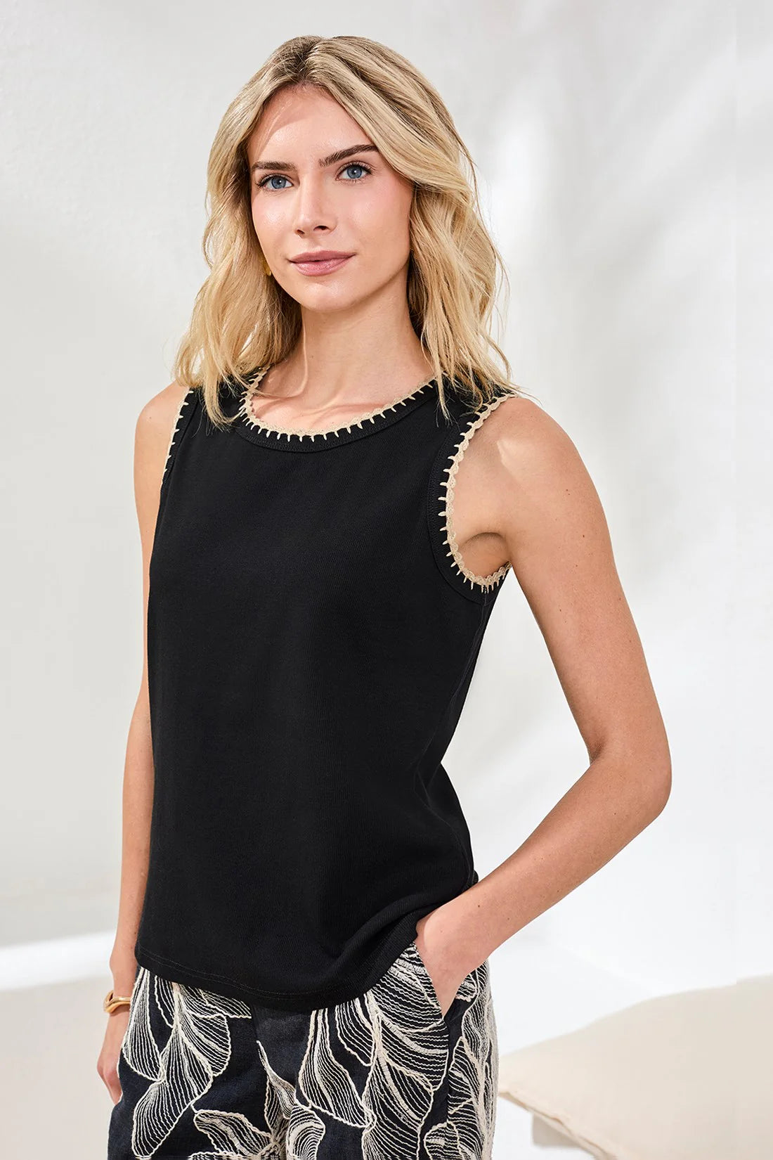 Crochet Trim Ribbed Sleeveless Top