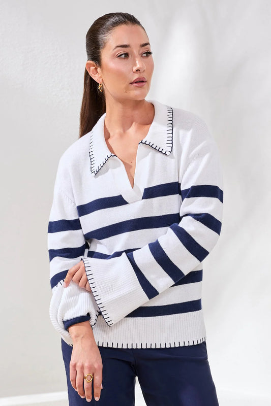 Striped Cotton Polo Sweater With Contrast Blanket Stitch