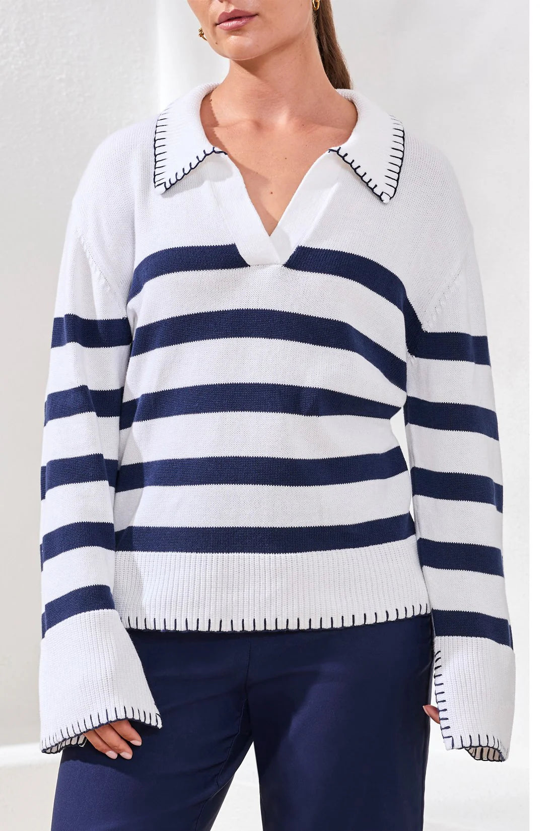 Striped Cotton Polo Sweater With Contrast Blanket Stitch