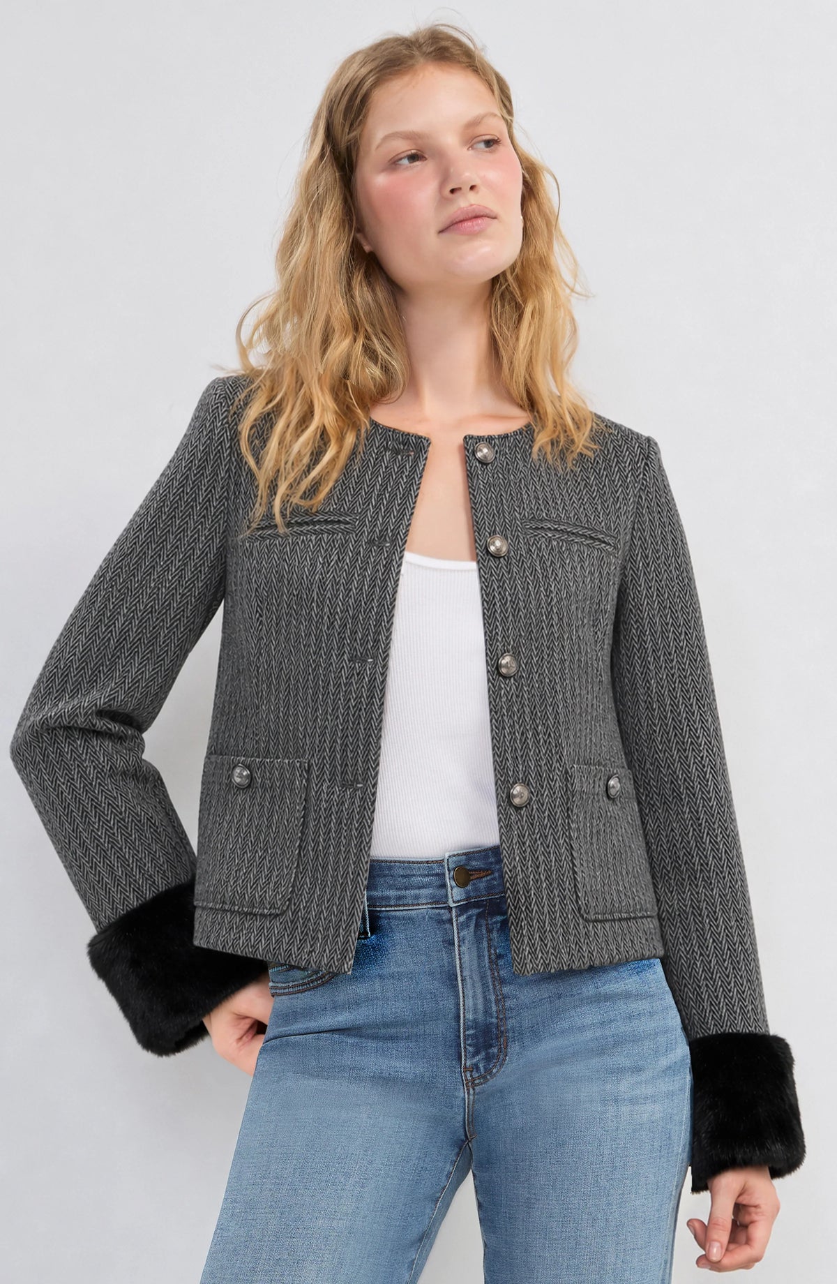 Collarless Lady Jacket with Faux Fur Cuff