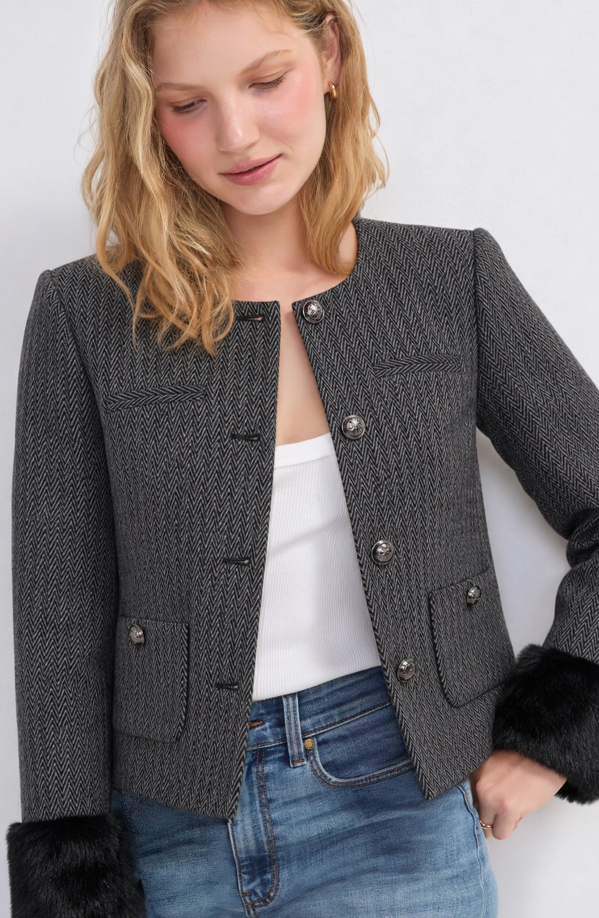 Collarless Lady Jacket with Faux Fur Cuff