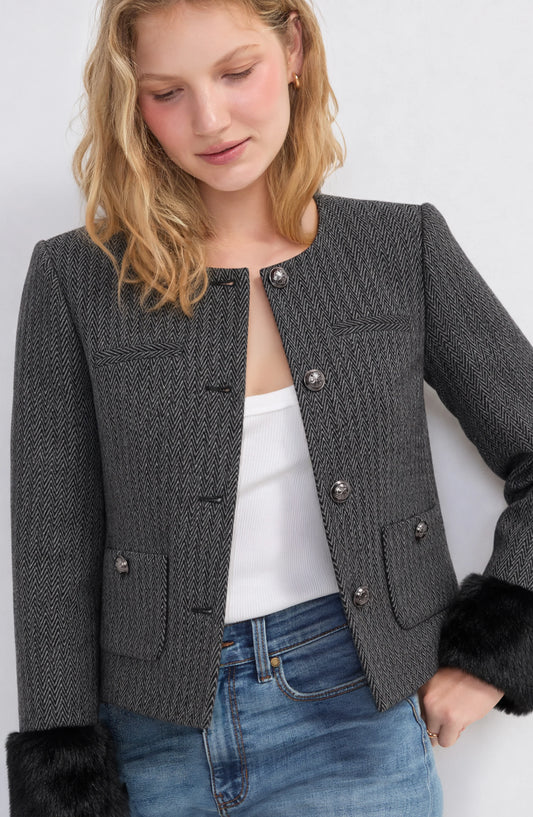 Collarless Lady Jacket with Faux Fur Cuff