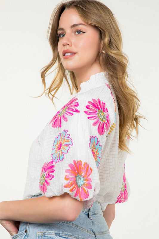 White Embroidered Puff Sleeve Blouse - Tops-Novelty/Cut & Sewn