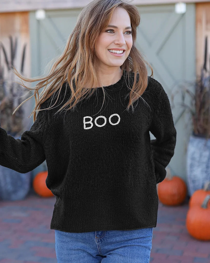 Boo Embroidered Crew Chunky Sweater