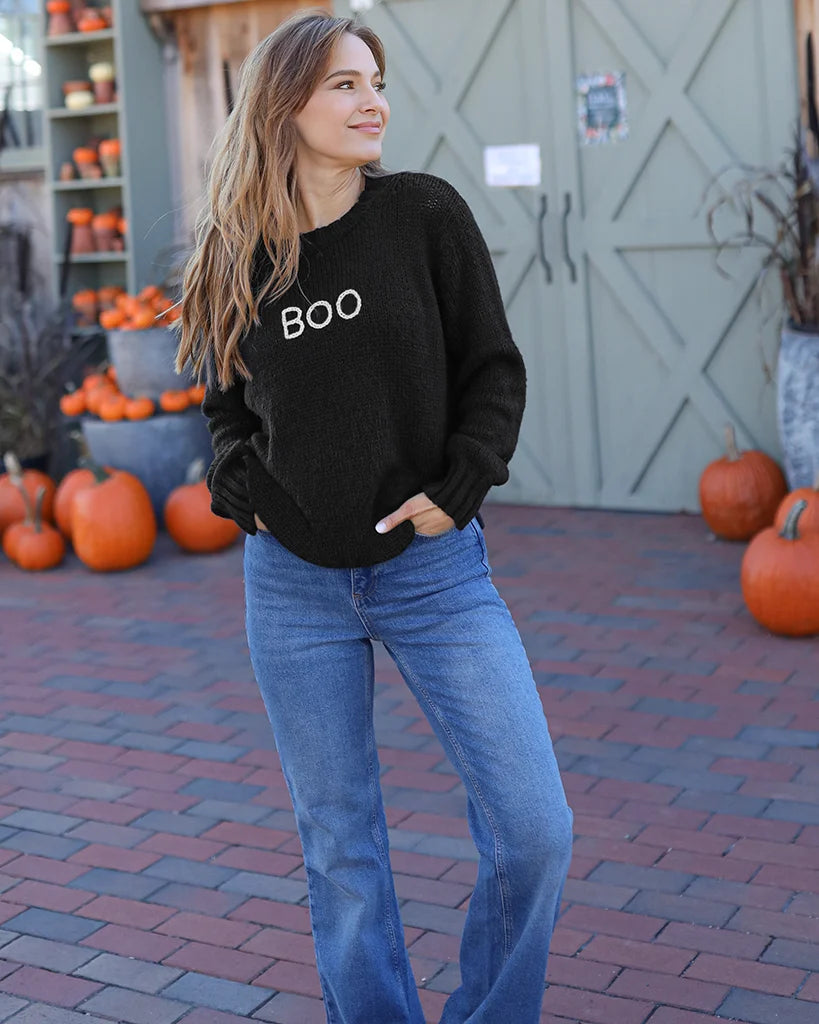 Boo Embroidered Crew Chunky Sweater