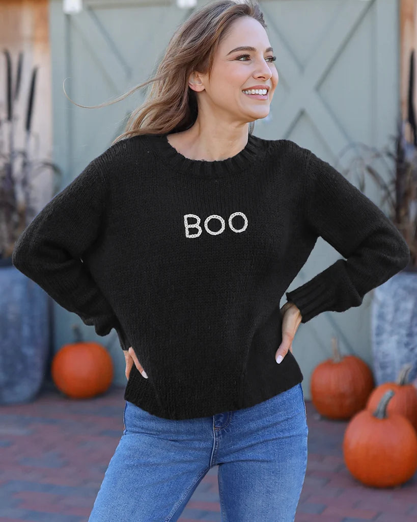 Boo Embroidered Crew Chunky Sweater